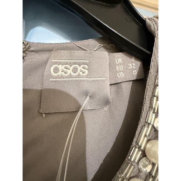 ASOS Silver Pearl Embellished Beaded Cocktail Mini Dress Long Sleeve Party 0 - Picture 3 of 10